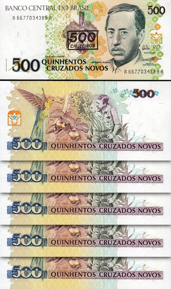 Brazil 500 Cruzeiros On 500 Cruzados 1990 UNC 5 Pcs LOT Consecutive