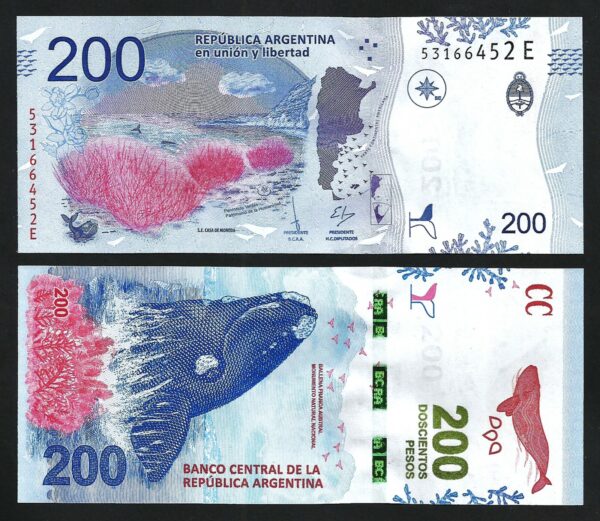 Argentina 200 Pesos 2018, UNC, 20 Pcs LOT, P-364, Southern Right Whale, Prefix E - Image 4