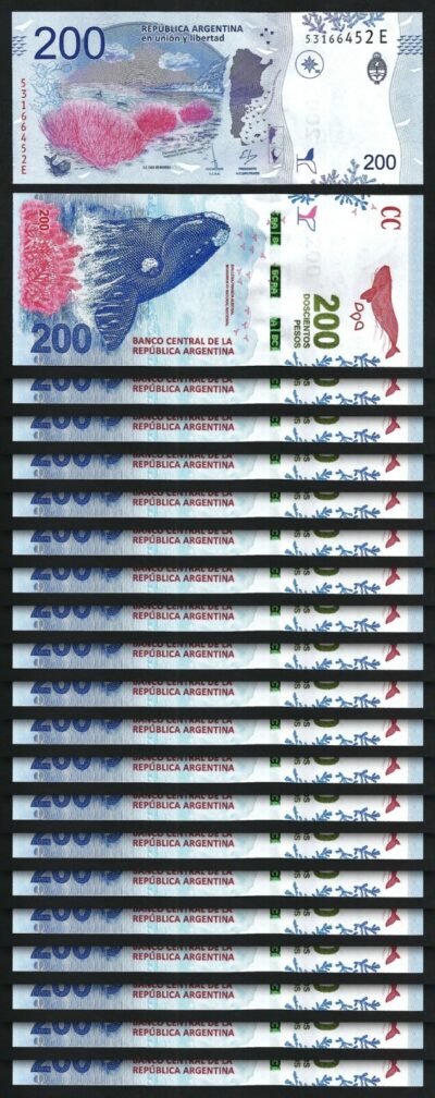 Argentina 200 Pesos 2018, UNC, 20 Pcs LOT, P-364, Southern Right Whale, Prefix E