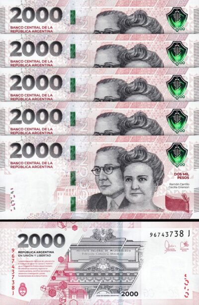 Argentina 2000 Pesos 2023 2024, UNC, 5 Pcs LOT, P-368B Suffix J,New Version Sign