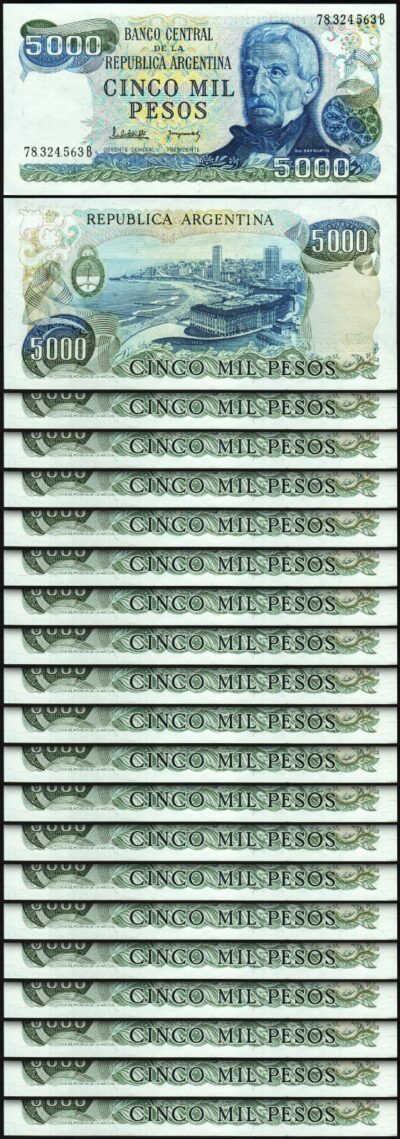 Argentina 5000 5,000 Pesos, 1977 - 1983, UNC, 20 Pcs LOT, Consecutive, P-305b(2)