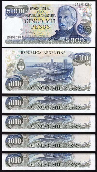 Argentina 5000 5,000 Pesos, 1977 - 1983, UNC, 5 Pcs LOT, Consecutive, P-305b(1)