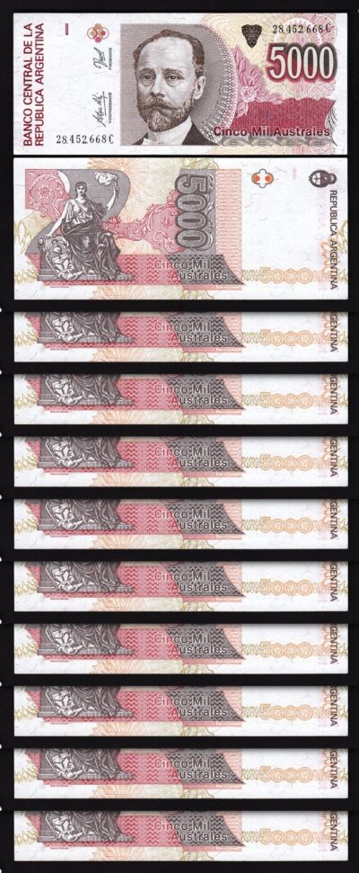Argentina 5000 Australes 1989 -1991, UNC, 10 Pcs LOT, Consecutive, P-330e,Sufx C
