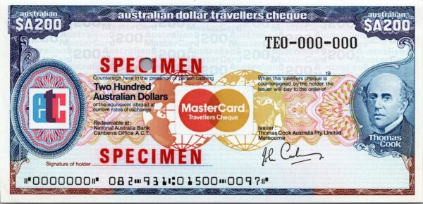 Australia SPECIMEN, ETC, Mastercard Travellers Cheque, 200 Dollars, AUNC