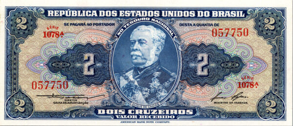 BRAZIL 2 CRUZEIROS 1954 1958, RADAR 057750, UNC, P-151b