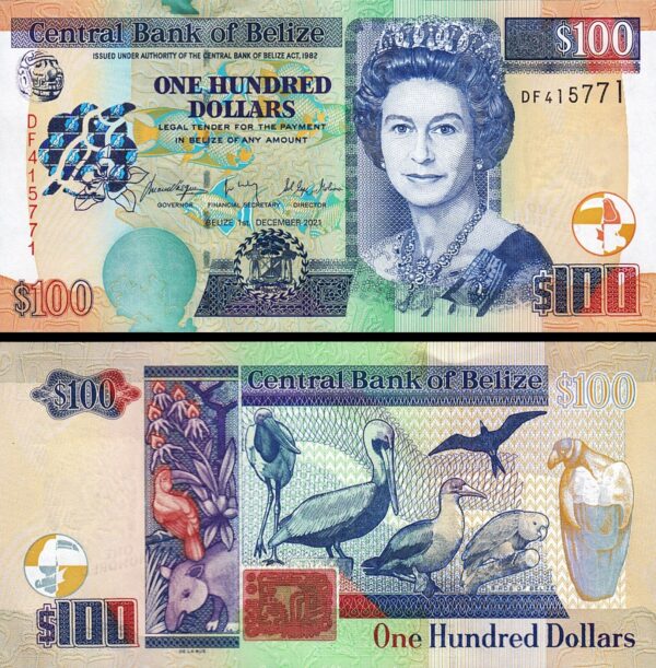 Belize 100 Dollars 2021, UNC, P-71, QEII