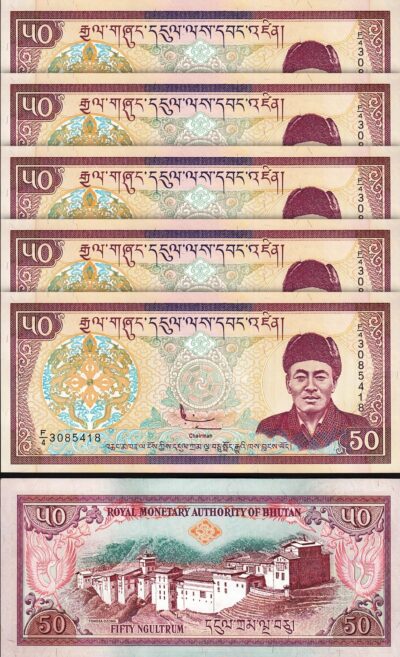 Bhutan 50 Ngultrum 2000, UNC, 5 Pcs LOT, Consecutive, P-24, Sign 3