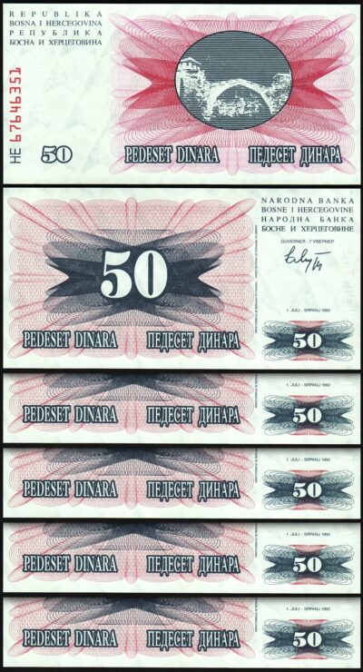 Bosnia 50 Dinara 1992, UNC, 5 Pcs LOT, Consecutive, P-12
