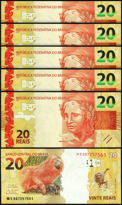 Brazil 20 Reais ND 2010 (2025), UNC, 5 Pcs LOT, Prefix ME, P-New Date, New Sign