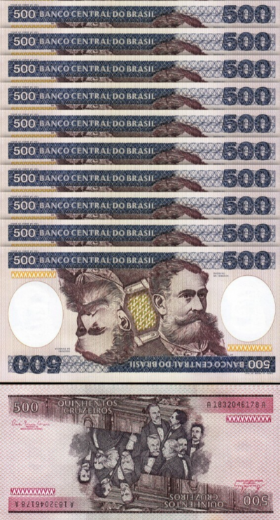 Brazil 500 Cruzeiros 1981, UNC, 10 Pcs LOT, P-200a, Sign 20
