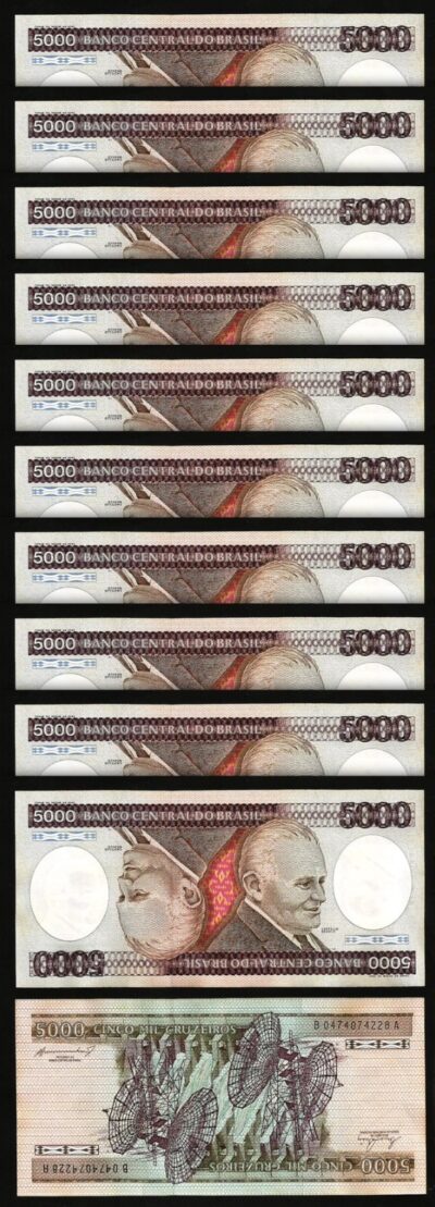 Brazil 5000 Cruzeiros 1984, UNC, 10 Pcs LOT, P-202c Sign 21