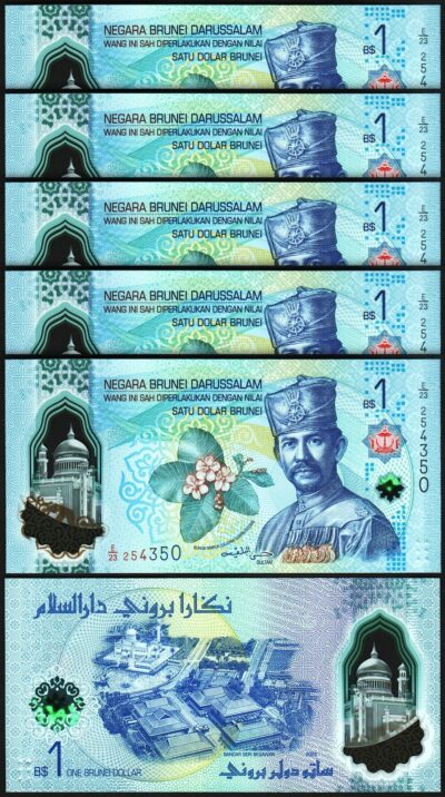Brunei 1 Dolar 2024/2026, UNC, 5 Pcs LOT, Consecutive, P-41, Polymer