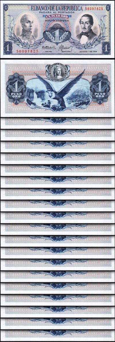Colombia 1 Peso Oro 1974, UNC, 20 Pcs LOT, P-404e, Little Paint on Top Border