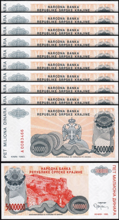 Croatia  5,000,000 - 5 Million Dinara 1993, UNC, 10 Pcs LOT, Consecutive, P-R24