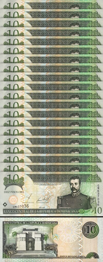 Dominican Republic, 10 Pesos Oro 2002, UNC, 20 Pcs LOT, Consecutive, P-168b