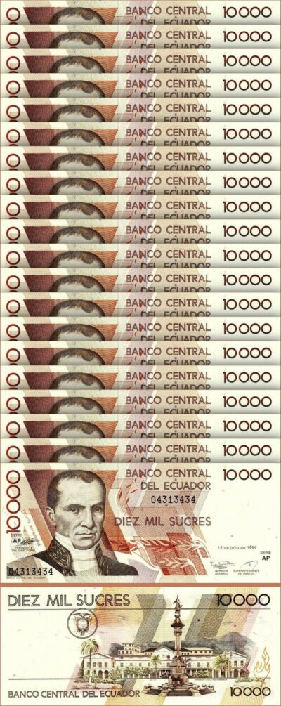 ECUADOR 10000 SUCRES 1999, UNC, 20 PCS LOT, P-127, PREFIX AP