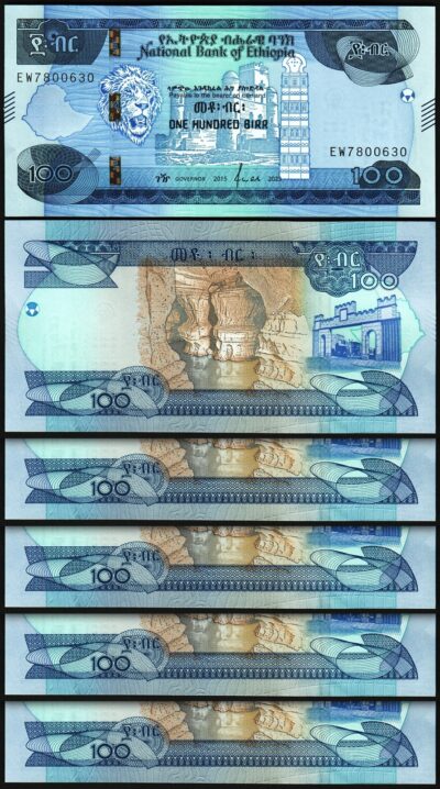 Ethiopia 100 Birr 2015 - 2023, UNC, 5 Pcs LOT, Consecutive, P-57