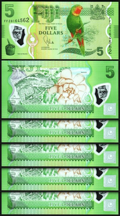 Fiji 5 Dollars 2013, UNC, 5 Pcs LOT, Consecutive, POLYMER, P-115a