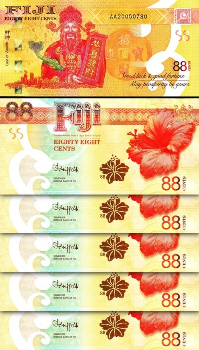 Fiji 88 Cents 2022, UNC, 5 PCS Lot, Commemorative, God of Wealth, P-123