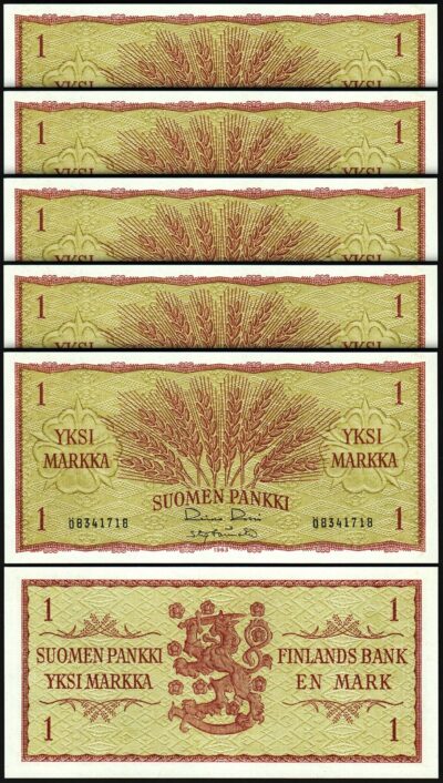 Finland 1 Markkaa 1963, UNC, 5 Pcs LOT, Consecutive, P-98, Sign Type 6
