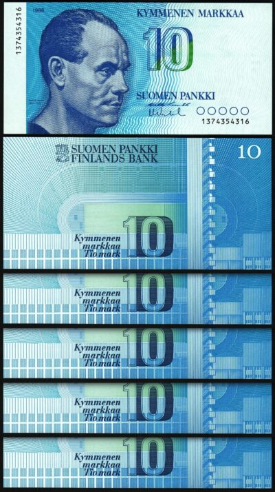 Finland 10 Markkaa 1986, UNC, 5 Pcs LOT, Consecutive, P-113, P.Nurmi Flying Finn