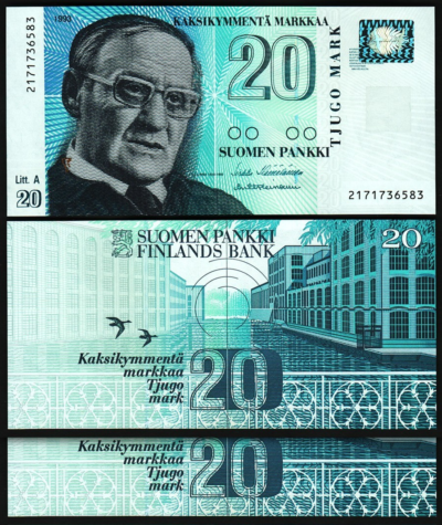 Finland 20 Markkaa 1993 (1997) , UNC, 2 Pcs PAIR, Consecutive, P-123, Litt.A