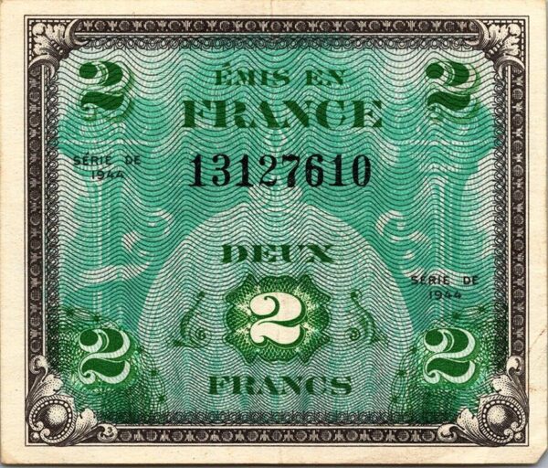 France 2 Francs 1944, aXF, P-114a , Allied Military Currency