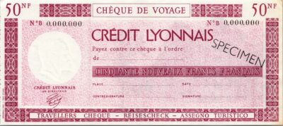 France Lyonnais SPECIMEN, Traveller Cheque, 50 Francs, UNC-, Watermark, Pale