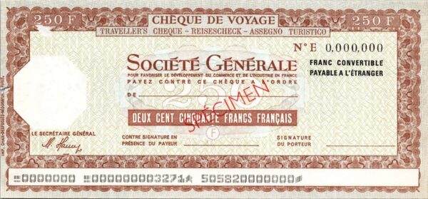 France SPECIMEN, Travellers Cheque Societe Generale, 250 Francs 2 Watermarks