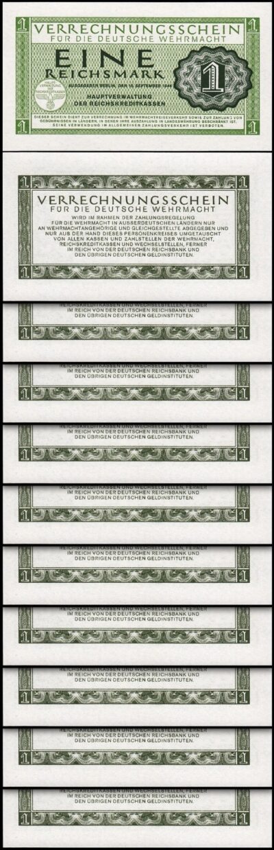 Germany 1 Reichsmark 1944, UNC, 10 PCS Lot, P-M38, Completely Watermark