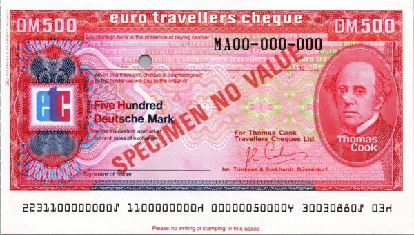 Germany SPECIMEN, Dusseldorf Travellers Cheque, 500 Marks T.Cook, UNC, Watermark