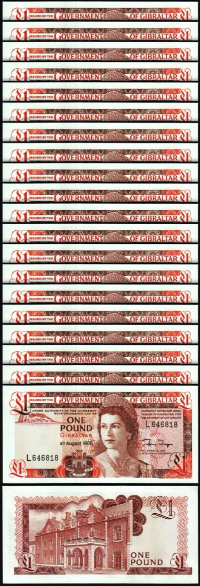 Gibraltar 1 Pound 1988, UNC, 20 Pcs LOT, Consecutive, P-20e, Que II