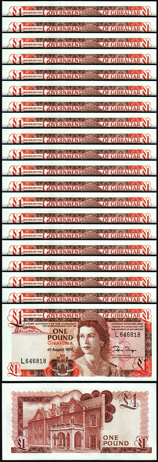 Gibraltar 1 Pound 1988, UNC, 20 Pcs LOT, Consecutive, P-20e, Que II