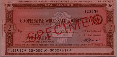 Great Britain Cws Bank London SPECIMEN, Traveller Cheque, 2 Pounds, UNC, TDLR