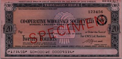 Great Britain Cws Bank London SPECIMEN, Traveller Cheque, 20 Pounds, UNC, TDLR
