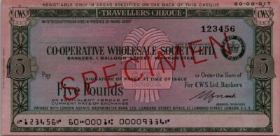 Great Britain Cws Bank London SPECIMEN, Traveller Cheque, 5 Pounds, UNC, TDLR