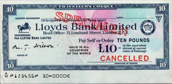 Great Britain SPECIMEN, Lloyds Bank London Travellers Cheque, 10 Pounds, aUNC