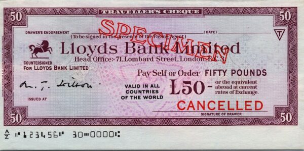 Great Britain SPECIMEN, Lloyds Bank London Travellers Cheque, 50 Pounds, UNC