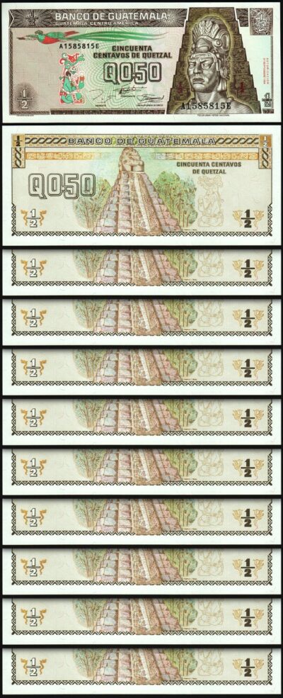 Guatemala 1/2, 0,50 Quetzal 1994, UNC, 10 Pcs LOT, Consecutive, P-86b
