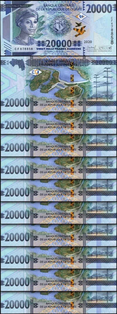 Guinea 20000 Francs 2020, UNC, 10 Pcs LOT, Consecutive, P-50c, New Date