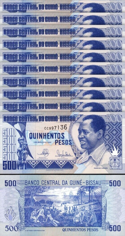 Guinea Bissau 500 Pesos 1990, UNC-, 10 Pcs LOT, P-12