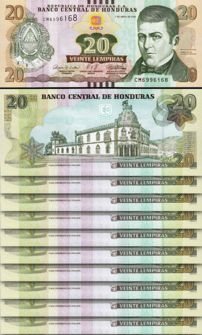 Honduras 20 Lempiras 2022, UNC, 10 Pcs LOT, Consecutive, P-New Date, Signature