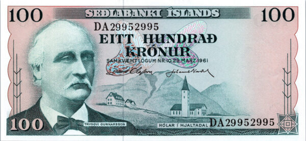 Iceland, 100 Kronur 1961, REPEATER 2995 2995, UNC-, P.44 SEDLABANKI ISLANDS