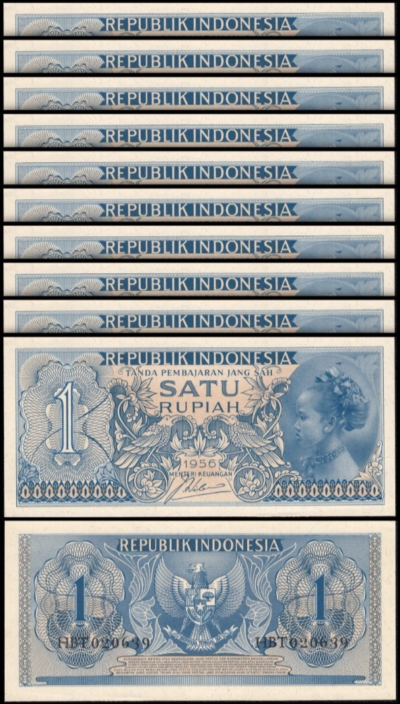 Indonesia 1 Rupiah 1956 UNC, 10 Pcs LOT, P-74