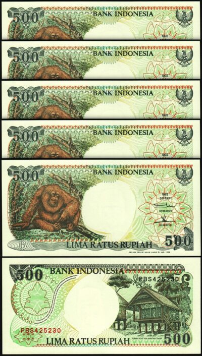 Indonesia 500 Rupiah 1992 1998, UNC, 5 Pcs LOT, Consecutive, P-128g