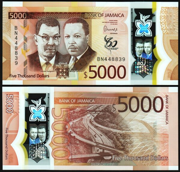 Jamaica 5000 Dollars 2022 2023, UNC, Polymer, P-101 New Design ...