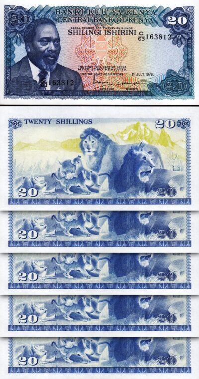 Kenya 20 Shillings 1978, UNC, 5 Pcs LOT, Consecutive, P-17