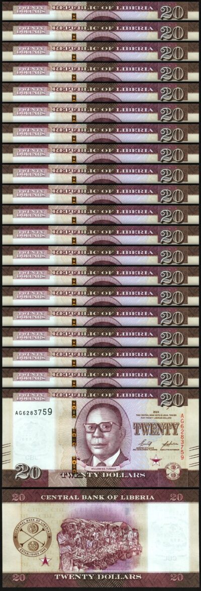 Liberia 20 Dollars 2024, UNC, 20 Pcs LOT, P-New