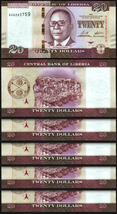 Liberia 20 Dollars 2024, UNC, 5 Pcs LOT, Consecutive, P-New