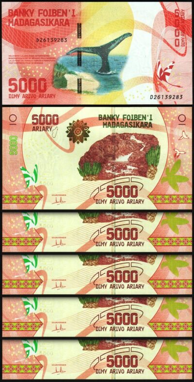 Madagascar 5000 5,000 Ariary (2017) Nd 2023, UNC, 5 Pcs LOT, P-102 New Sign